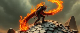 smite by god was the evil furry fire snake goblin gremlin man walking on a mountain of hexagon bricks in the style of Escher and Giger.