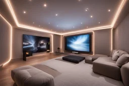 a dedicated home cinema room with LED ambient lighting in the walls