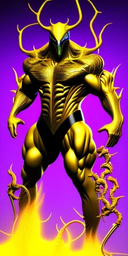 golden venom symbiote with big muscles and big claws and purple smoke background