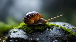 Close up of a snail on a wet rock,,moss,high details,dark place