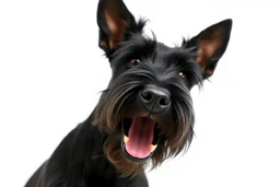 side-front of head nose, mouth with teeth, 2 ears and eyes of a black Scottish terrier coming up from the side-bottom, mouth open biting, white background