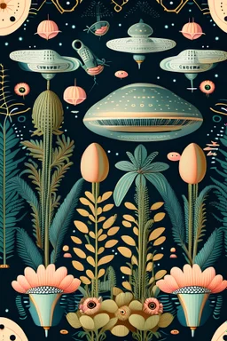 UFO and botanical pattern wallpaper, arts and crafts style