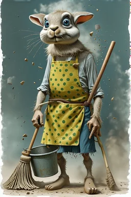 artist Jean-Baptiste Monge style. a unhappy, disgruntled biomorph tall lanky skinny fuzz-headed old dust bunny. skinny arms, legs and body. covered all over in bits of dust and dirt. blue eyes. A yellow dotted green raggedy apron. holding a mop and pail. standing in a cloud of dust. large bits of dirt flying around his head. In Style of Tim Burton