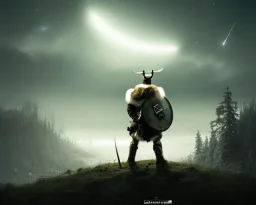 a sad and lonely viking looking up at the stars at night, hyper realistic, 8k, insane detail, atmospheric background, crying eyes, big fur coat, long braided hair, sharp focus, soft background, dynamic lighting, viking helmet, night time