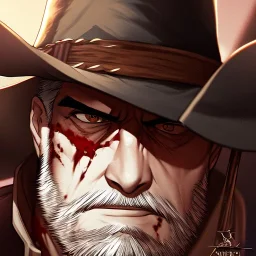 Clear focus, High resolution, max detail, Portrait, bearded, Gunslinger, Cowboy, cowboy hat, serious face, Blood Splatter