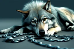 wolf with a chain around its neck laying down, photorealistic