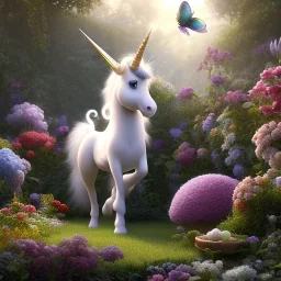 pixar style, volumetric summer garden environment and background, realistic painting of an unicorn and butterflys, looking excited, volumetric lighting, dramatic lighting, detailed digital painting, extreme dense and fine fur, anime, ornate, colour-washed colors, elegant, small minutiae, tiny features, particulars, centered, smooth, sharp focus, renderman gofur render, 8k, uhd, detailed eyes, realistic shaded volumetric lighting, sunlight caustics, backlight, centered camera view