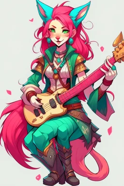 Teenaged Female kitsune paladin/bard with red, teal, and pink hair