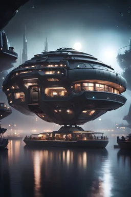 in space, a misty raft modular house boat that looks like a dark twisted alien space ship, in advanced hi tech dock, bokeh like f/0.8, tilt-shift lens 8k, high detail, smooth render, down-light, unreal engine, prize winning
