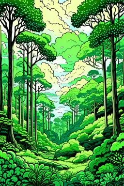 a forest entire with sky views among green trees and climber plant fantasy world less contrast art drawing