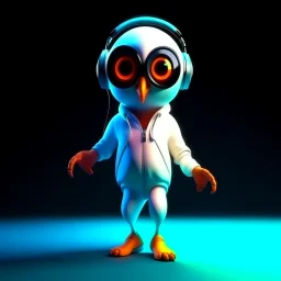 Illustrative sketch of a 3D Pixar image of a humanoid owl in music with headphones, full body, ultra quality, 8k