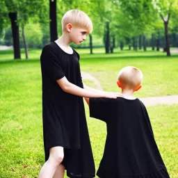 Russian tomboy boyish boylike short man's haircut boyish features shortcut in black girlish nightgown mommy in park