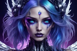 angel vampire, girl with in cyberpunk style, beautiful face and eyes, beauty girl, CHROME SILVER, CHROME RAINBOW, BLUE hair, PRETTY EYES, highly detailed face, Ultra detailed digital art masterpiece, beautiful misterios dark violet fairy woman with a misterios nightmare