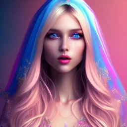 beautiful, soft, smiling face, whole head, long straight blonde hair blues eyes, crown on the head, clothing in transparent bluish and pink veil, background brillante bluish and pink, hight definition, 8K