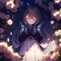 anime girl sleeping in a distant field of flowers, under a weeping willow tree, with a butterfly on her nose,