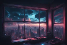 view out of the window, sky, clouds, modern window, night, cyberpunk, dynamic light,