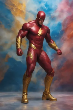 The Flash, gold boots, extremely huge, overexaggerated muscles, posing and flexing in a front of the camera, random extreme action poses, an extremely colorful, multicolored foggy blue marble wall in the background with a colorful marble tile floor, multicolored lightning, realism engine,