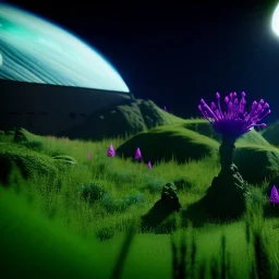 scifi landscape, herbivore alien animals that graze, bioluminsescent plants, flovers, another planet in sky, 8k resolution, dynamic lighting, ultra hyperdetailed, Unreal Engine 5, ultra colourful, very small details