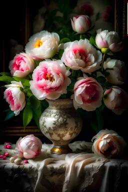 a magnificent, huge bouquet of white and bright pink peony-shaped roses on the table, a beautiful tablecloth, candles, a white vase, hyperphotorealism, mega-volume watercolor,impressionism,ultra-detail,filigree, cinematic, symmetry,many details,dark botanical, beautiful illumination from the inside, soft play of shadows and light, lumen,octane, aesthetically pleasing,beautiful, dim lighting,5d,64k,600dpi,30mm lens,1/250s, f/2.8,ISO5000