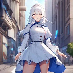 Clear focus, High resolution, medium length hair, white cyan hair, cyan eyes, wearing a american uniform, Sighing, wearing a medium skirt,