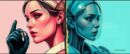 cyberpunk fallout 4, airbrush and pen outline, A cinematic, high-end advertisement image for a fictional service called “Splice Girls Nurses, Rebuilding Bone Structure on Transparent People™”. Split-screen composition with two contrasting emotional states.