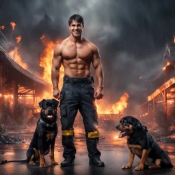 Hyper Realistic photographic-view of Handsome-&-Muscular-Shirtless-Happy-Male-Firefighter-black-hair Saves an adorable Rottweiler from a heavy-fire in an amusement park with destruction & burned-marks-everywhere at dark-rainy-night showing dramatic & cinematic ambiance.