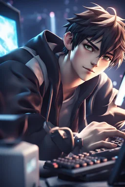 8k quality realistic image of an attractive anime boy, gamer Infront of PC, up close, 3d