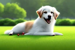 Cute Dog Laying Down On Grass, Sunny, Bright Lighting, Cute, Hyper Detailed, Hyper Realistic,