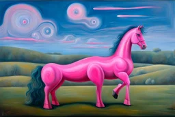 strange Big pink plastic horse.19th painting