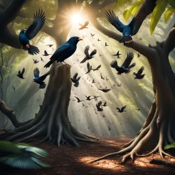 Hyper Realistic photographic-view of Lots-of-Koel-Birds Flying outside a thick old tree inside a jungle with sunlight-rays showing dramatic & cinematic ambiance