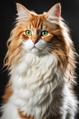 Gato de pelo largo, ondulado y abundante, orejas puntiagudas, ojos verdes brillantes, colores anaranjado, blanco y negro, calidad ultra, full body