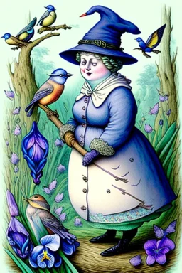 Friendly witch, playing with robins and bluetits, perfect iris, pastel colours, style Beatrix Potter