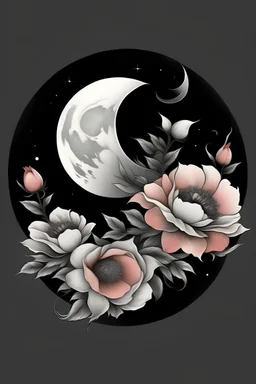 Realistic digital Tattoo design of crescent moon against a night sky framed by peonies, dahlias. And coffee flower