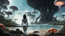 detailed matte painting of a wide-angle shot of a woman standing on the right-hand side of an alien beach, with dark hair in a silver robotic catsuit, many floating mushrooms with jellyfish tentacles, alien jungle trees in the distance, deep colour