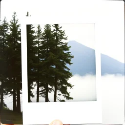 A polaroid photo of a group of fir trees in the background and a high hill in the distance. A lake. The surface below is in a pastel color. Person. Fog is present.