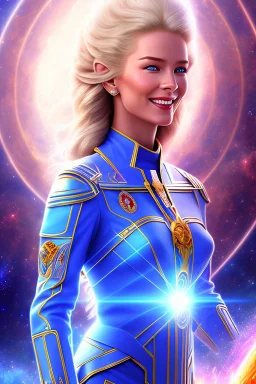 cosmic woman admiral from the future, one fine whole face, large cosmic forehead, crystalline skin, expressive blue eyes, blue hair, smiling lips, very nice smile, costume pleiadian,rainbow ufo Beautiful tall woman pleiadian Galactic commander, ship, perfect datailed golden galactic suit, high rank, long blond hair, hand whit five perfect detailed finger, amazing big blue eyes, smilling mouth, high drfinition lips, cosmic happiness, bright colors, blue, pink, gold, jewels, realistic, real