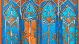 semi-abstract painting, triptych with 3 gothic_arab gates in blue, turquoise and orange