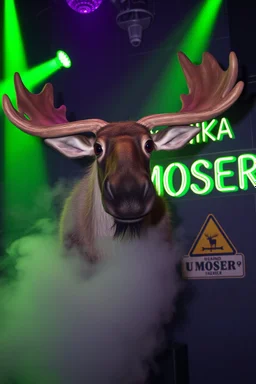 An big female moose with big eyes "Veronika Moser" performing at dance club, her name is "Moser" HAIRY FRUITS EVERYWERE On stage, Green Neon lights and smog, and "VERONIKA MOSER" big sign on the wall, "DU UND ICH UND MOSER" red plate sign, Yellow warning sign with moose
