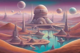 futuristic ziggurats and domes on an alien planet, by artist "Kate Lycett",by artist "colorway gradient"