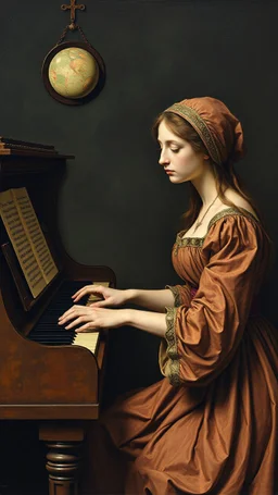 Hieronymus Bosch style , a woman playing the piano