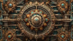 Expressively detailed and intricate 3d rendering of a hyperrealistic “steampunk lotus”: front view, symetric, dripping colorful paint, tribalism, ethnic ornaments, shamanism, cosmic fractals, dystopian, dendritic, stylized fantasy art by Kris Kuksi, mati klarwein, artstation: award-winning: professional portrait: atmospheric: commanding: fantastical: clarity: 16k: ultra quality: striking: brilliance: stunning colors: amazing depth: masterfully crafted.