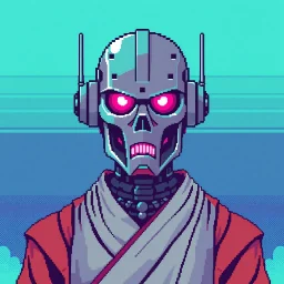 8 bit pixelart of a terminator like robot, synthwave colored, vaporware, budist monk robe