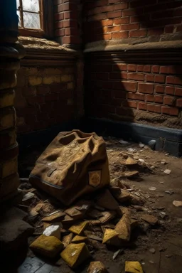 in a LARGE BASEMENT, half-buried in the earth, an ancient, worn-out, worn-out, torn-side valise peeks out, from which gold coins from the time of Catherine the Great fall out. The ancient coat of arms of Russia, the double-headed eagle, is BARELY VISIBLE on the bag. There are a lot of broken bricks and earth around the bag. All in high quality 8K