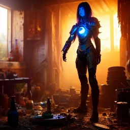 dark and gloomy full body 8k unity render, female teen cyborg, Blue yonder hair, wearing broken battle armor, at cluttered and messy shack , action shot, tattered torn shirt, porcelain cracked skin, skin pores, detailed intricate iris, very dark lighting, heavy shadows, detailed, detailed face, (vibrant, photo realistic, realistic, dramatic, dark, sharp focus, 8k)