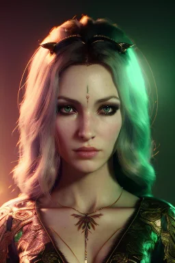 Druid character, young woman, cougar ears, cougar tail on lower back, blonde hair, long hair, green eyes, scars on body, waist up portrait, 4k resolution, intricate details, ornate details, soft lighting, vibrant colors, retroanime, masterpiece, intricate eyeliner, dark eyeshadow, eyes, intricate tattoos, natural background