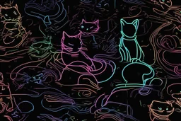 black background, outlines of a holographic question mark and contented cat drawn from thin neon-coloured glowing lines