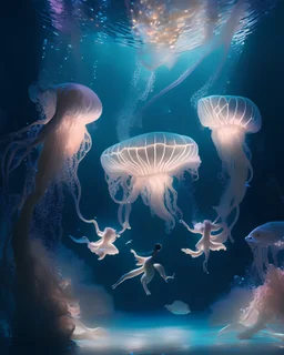 A captivating underwater ballroom, where elegant dancers glide weightlessly through the water, surrounded by schools of iridescent fish and glowing jellyfish. The scene is a harmonious blend of grace and aquatic beauty, evoking a sense of otherworldly elegance. 8K resolution, soft lighting, and a rich color palette make this image truly mesmerizing.