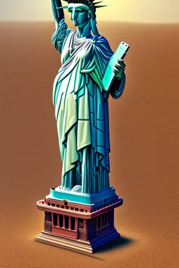 up-close digital image of the statue of liberty, covered in graffiti , holding a cellphone and taking a selfie while smiling,a Louis Vuitton bag over shoulder, standing alone In a deserted desert