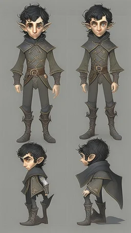 turnaround character of a boy elf, he has curly, black hair and sharp cheekbones. His eyes are black. pale skin. He wears fantasy medieval clothes. full body with boots