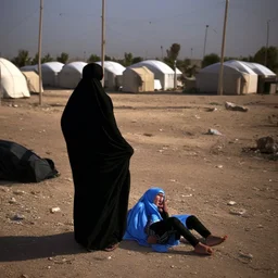 A Palestinian woman wearing the Palestinian dress carries her dead son as she screams and cries at night, with explosions in refugee tents behind her.